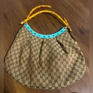 BROWN GUCCI GG CANVAS BAMBOO STUDDED HOBO ⚠️AS IS⚠️